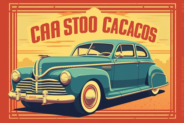 Foto illustrazione di auto d'epoca con un design retro e testo in grassetto