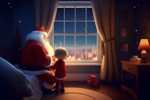 illustrazione di Babbo Natale con un bambino dietro la finestra ai generativa