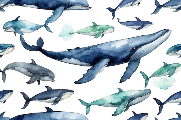 Illustrazione di balena acquerellata su sfondo bianco