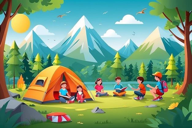 Illustrazione di bambini campeggio estivo istruzione con i bambini che fanno attività godere di campeggio diurno Creative Idea carta stile Vector