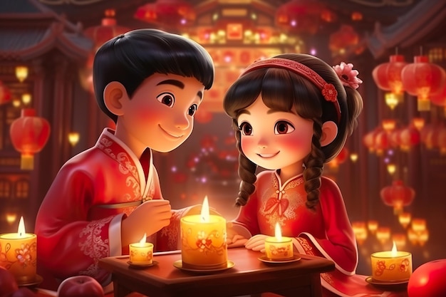 illustrazione di bambini che festeggiano il Capodanno cinese Lunare seduti in strada