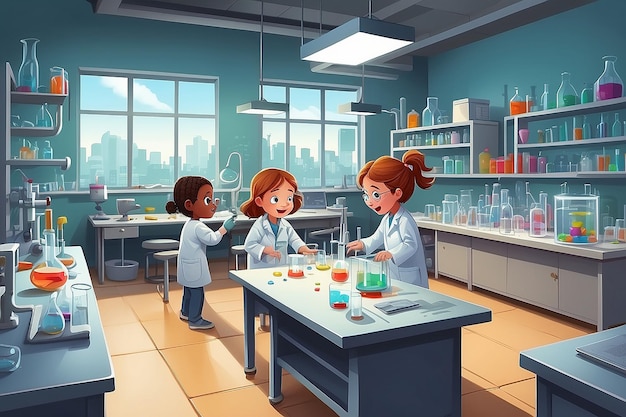 Illustrazione di bambini che giocano in un laboratorio Illustrazione di lenmdp