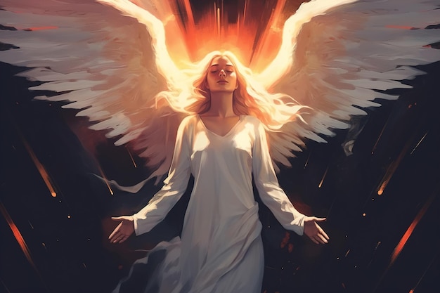 Illustrazione di bella giovane donna angelo in veste bianca e con le ali spirito femminile arcangelo che prega con gli occhi chiusi Concetto di religione e fede miracolosa