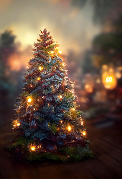 ILLUSTRAZIONE DI BELLISSIMO ALBERO DI NATALE DECORATO CON LUCI E REGALI PINO NATALE