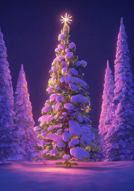 ILLUSTRAZIONE DI BELLISSIMO ALBERO DI NATALE DECORATO CON LUCI E REGALI PINO NATALE