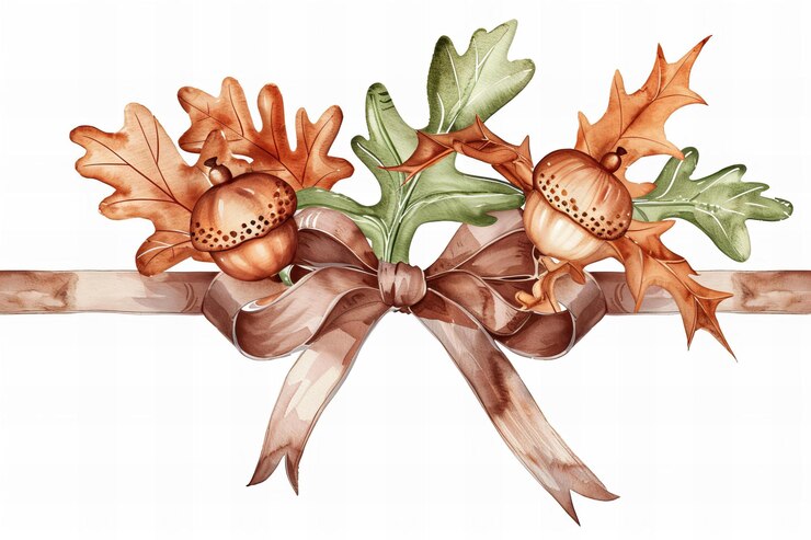 Foto illustrazione di biglietto di ringraziamento acquarella ghiande e foglie di quercia con un fiocco di nastro marrone in