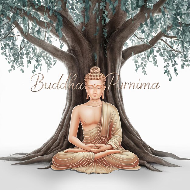 Illustrazione di Buddha Purnima Vesak Day Gautam Buddha seduto sotto l'albero bodhi isolato su sfondo bianco