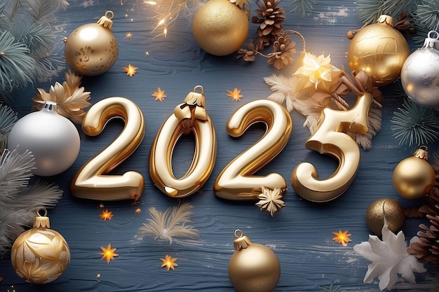 Illustrazione di buon anno lettere e numeri dorati 2025 su uno sfondo natalizio multicolore festivo con paillettes stelle neve congratulazioni cartolina copertina del calendario generata da AI