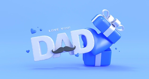 illustrazione di buon giorno ai padri con scatola regalo sullo sfondo blu rendering 3D