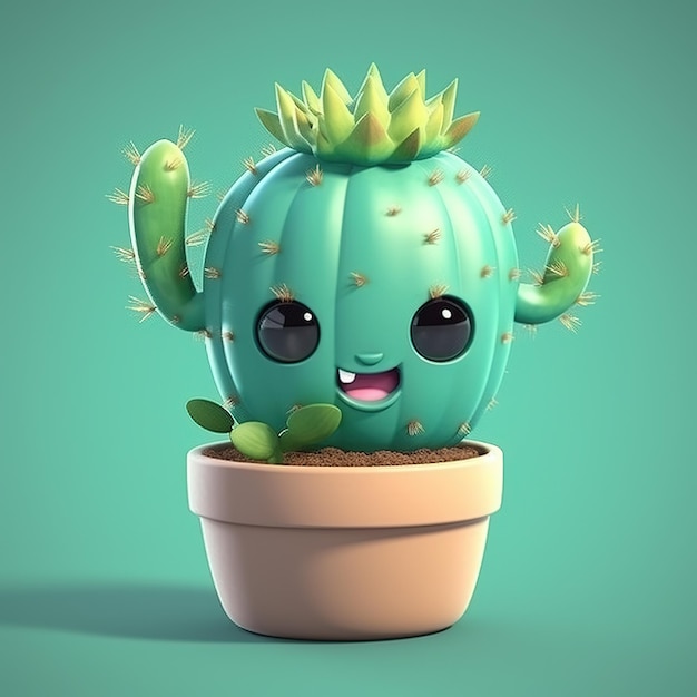 Illustrazione di cactus simpatico cartone animato divertente in stile 3d IA generativa