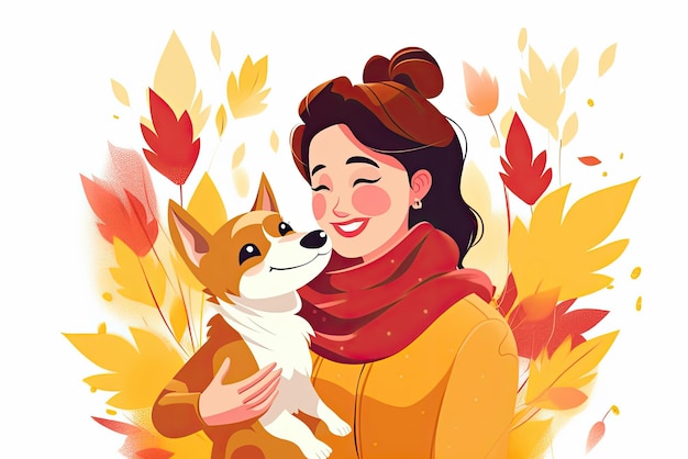 Illustrazione di caduta con donna sorridente abbraccio mostra di cani cura e attenzione per l'animale su sfondo bianco