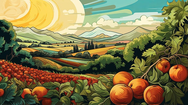 illustrazione di campi di frutta in stile van gogh vettore pulito