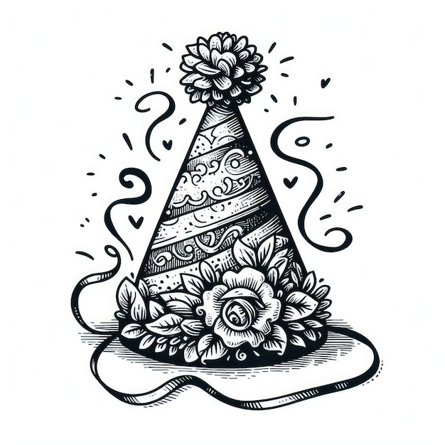 illustrazione di cappello a cono di compleanno disegnato a mano in stile vintage colorato isolato su sfondo bianco