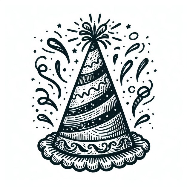 illustrazione di cappello a cono di compleanno disegnato a mano in stile vintage colorato isolato su sfondo bianco