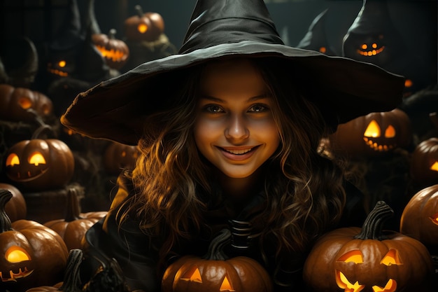 illustrazione di carina strega circondata da zucche intagliate di Halloween Jacko'lanterns