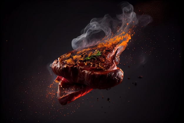 Illustrazione di carne con spezie e fumo AI