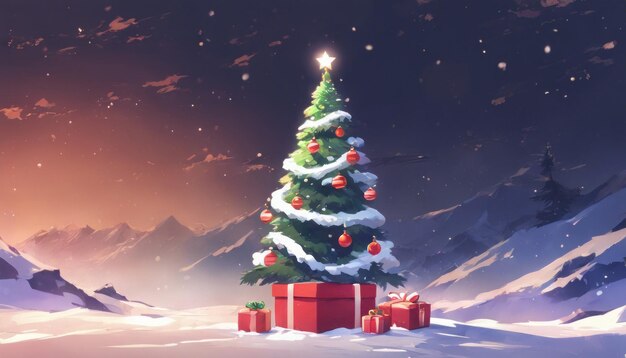 Illustrazione di carta da parati accogliente per il paesaggio natalizio con albero di Natale con scatola regalo
