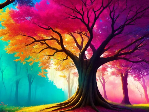 Illustrazione di carta da parati d'arte astratta con sfondo di albero grande foresta colorata ai generata