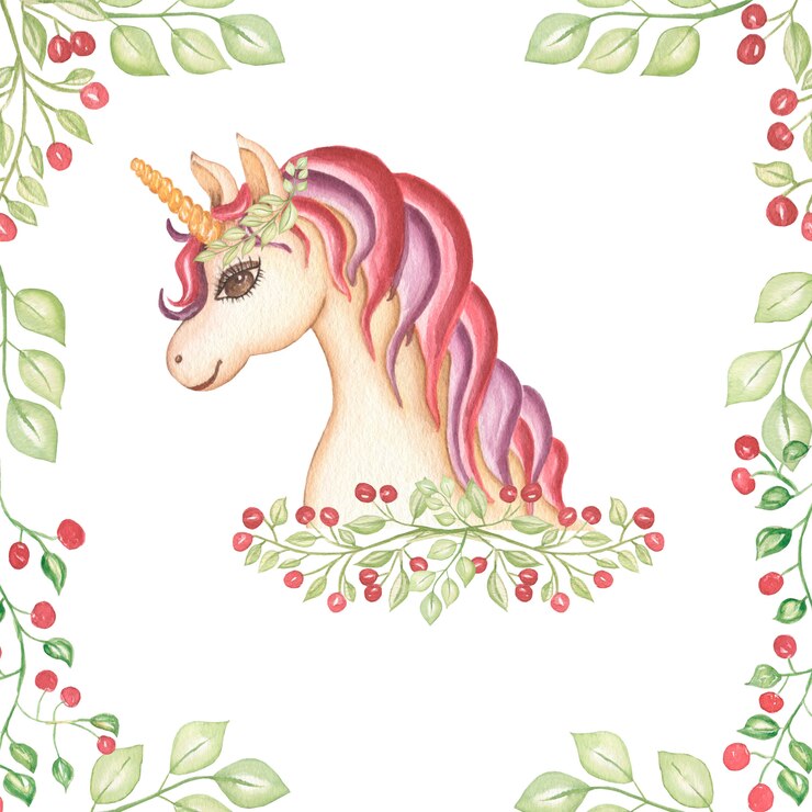 Foto illustrazione di carta unicorno rosa e viola disegnata a mano dell'acquerello.