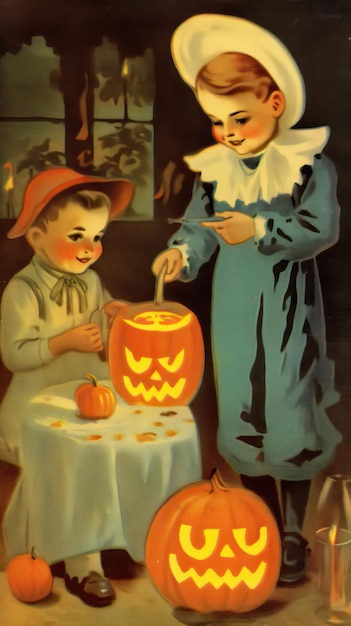 illustrazione di cartolina di un libro per bambini retrò vintage. Strega del sorriso del costume di Halloween spaventoso degli anni '50