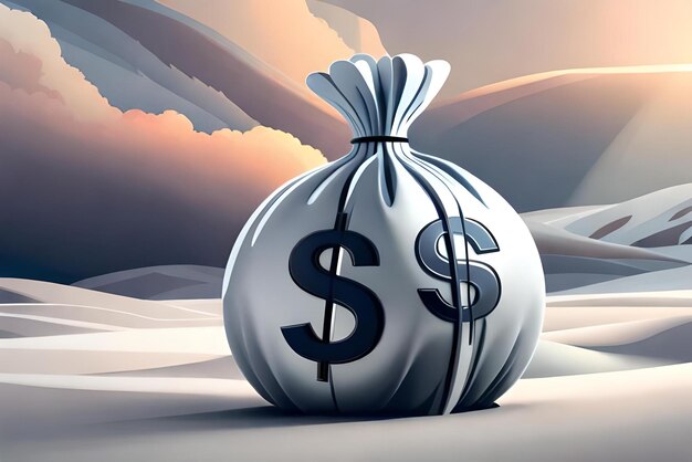 Illustrazione di cartone animato 3D a mano sacchetto di denaro con segno dollaro sullo sfondo bianco