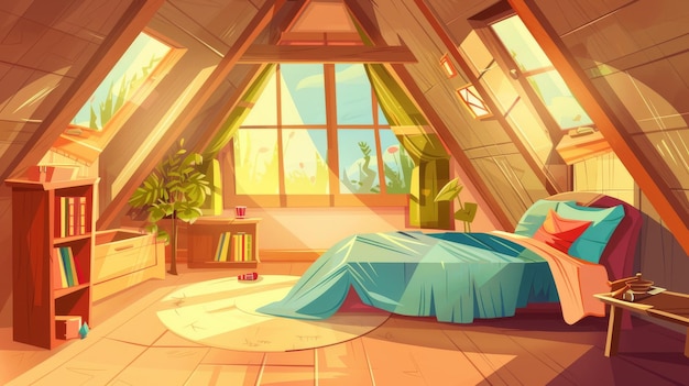 Illustrazione di cartone animato che mostra un interno di una camera da letto in soffitta con mobili e accessori La stanza è inondata dalla luce solare attraverso la finestra inclinata e ha un letto con un cuscino e una coperta