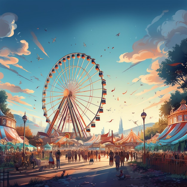 Illustrazione di cartone animato del giorno del carnevale con una ruota panoramica sullo sfondo