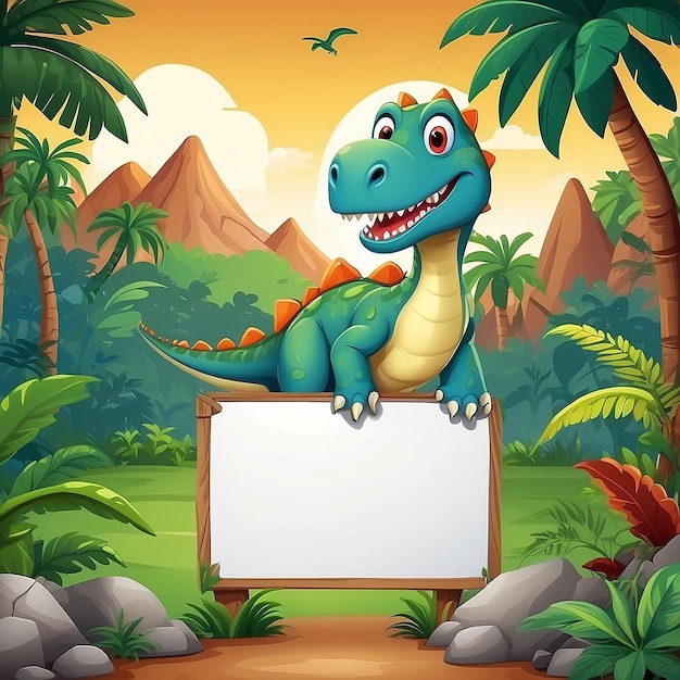 Illustrazione di cartone animato di dinosauri con sfondo paesaggio e segno vuoto