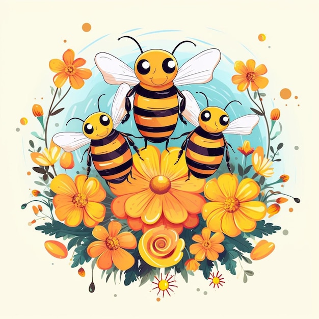 Illustrazione di cartone animato di tre belle api in un campo di fiori giallo sullo sfondo bianco