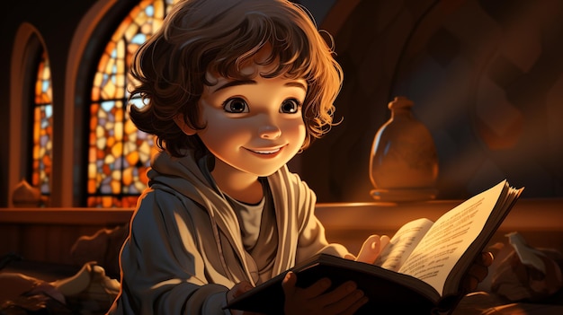 illustrazione di cartone animato di un bambino con tutto il corpo che legge il Corano in stile 2D