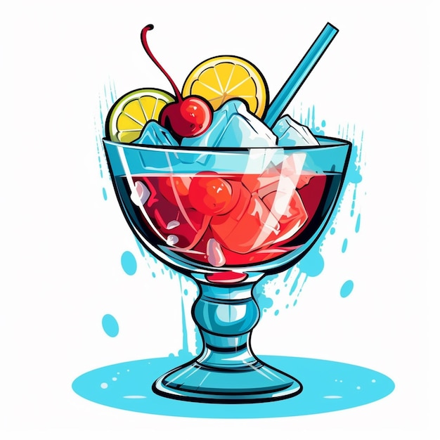 illustrazione di cartone animato di un bicchiere di gelato con ciliegie e una cannuccia generativa ai
