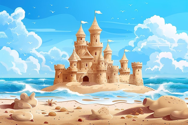 illustrazione di cartone animato di un castello di scultura di sabbia sulla spiaggia vicino al mare in un giorno d'estate soleggiato