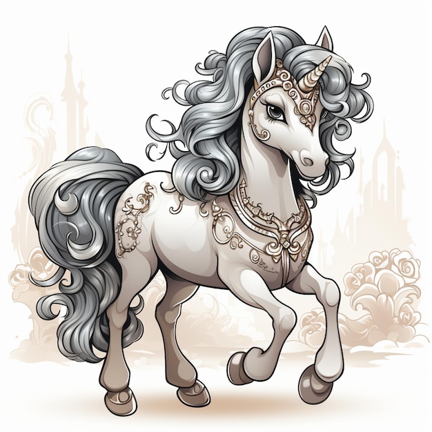 illustrazione di cartone animato di un cavallo bianco con una corona sulla testa generativo ai