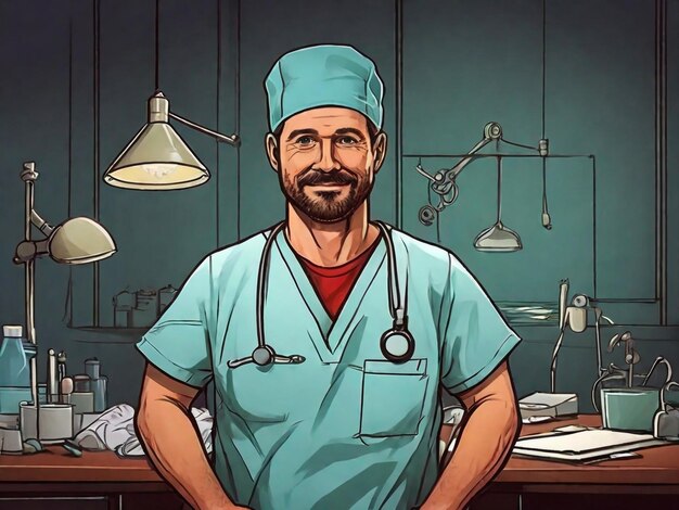 Illustrazione di cartone animato di un chirurgo disegnato a mano
