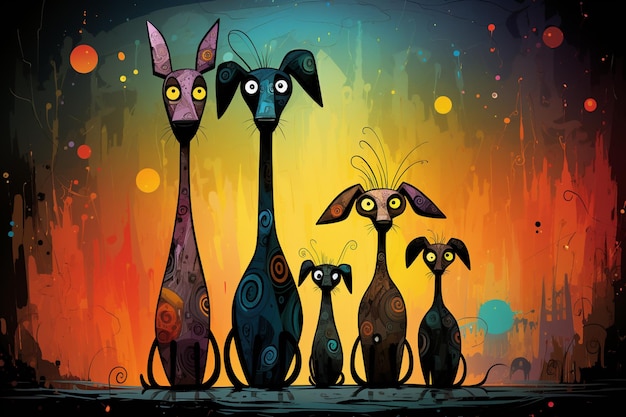 illustrazione di cartone animato di un gruppo di tre giraffe con occhi di colori diversi ai generativi