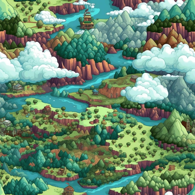 Illustrazione di cartone animato di un paesaggio colorato con un fiume e montagne generativo ai