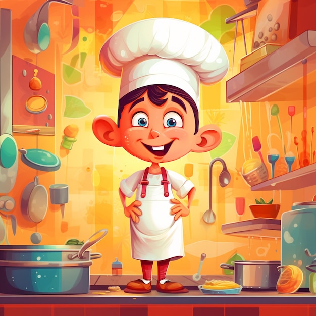 illustrazione di cartone animato di un ragazzo con un cappello da cuoco in piedi in una cucina generativa ai