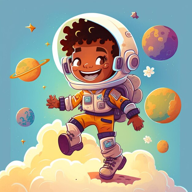 Illustrazione di cartone animato di un ragazzo in una tuta spaziale nelle nuvole generativa ai