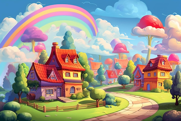 Illustrazione di cartone animato di un villaggio colorato con un arcobaleno nel cielo generativo ai