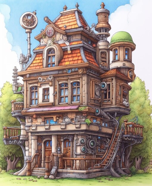 illustrazione di cartone animato di una casa con un orologio sul tetto generativo ai