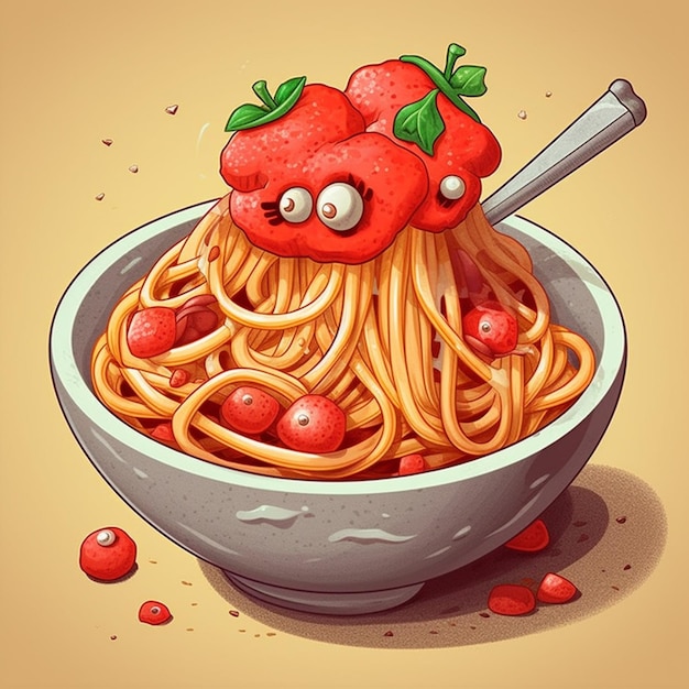 illustrazione di cartone animato di una ciotola di spaghetti con pomodori e un cucchiaio generativo ai