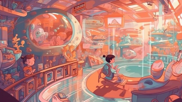 illustrazione di cartone animato di una donna seduta in una stanza con un acquario gigante generativo ai