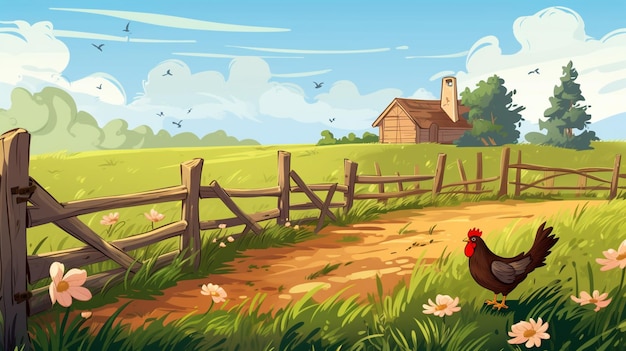 illustrazione di cartone animato di una fattoria con un pollo e un fienile generativo ai