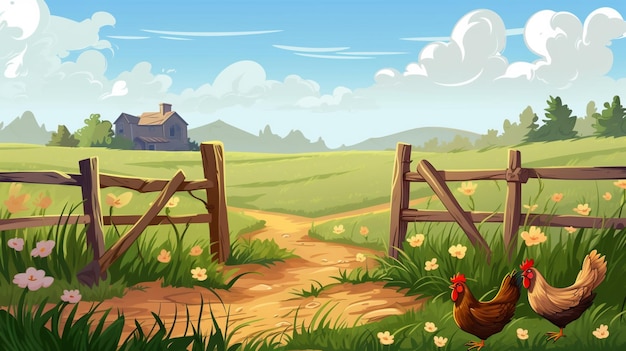illustrazione di cartone animato di una fattoria con una recinzione e un gallo generativo ai