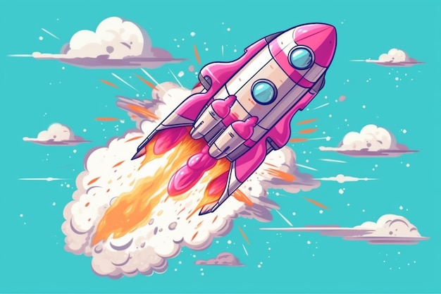illustrazione di cartone animato di una nave a razzo rosa che vola attraverso il cielo generativo ai