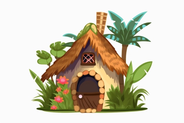 Illustrazione di cartone animato di una piccola casa con un tetto di paglia e una porta generativa ai