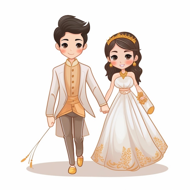 illustrazione di cartone animato di una sposa e uno sposo che camminano mano nella mano generativo ai