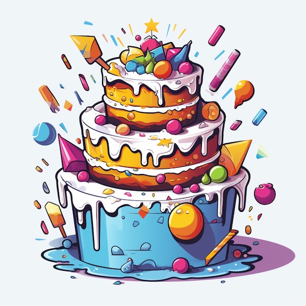 illustrazione di cartone animato di una torta di compleanno con un sacco di confetti e caramelle generativa ai