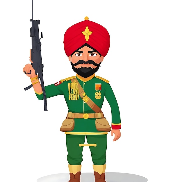 Illustrazione di cartone animato pulito del concetto di set di personaggi della mitragliatrice del soldato punjabi