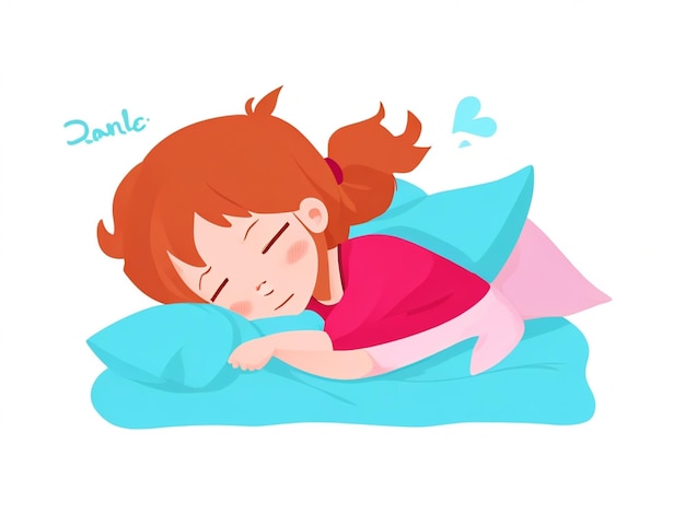 Illustrazione di cartone animato vettoriale piatto di una bambina carina che dorme nel letto